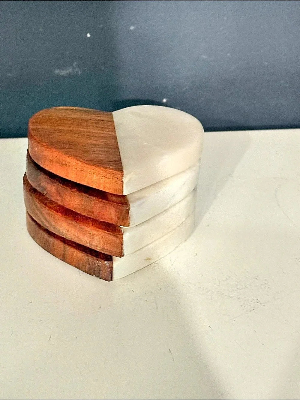 Heart-Shaped Wood & Marble Coasters Set of 4 made in India